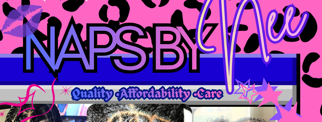 Advertisement for Naps by Nee hair services with braids and text on a colorful background.