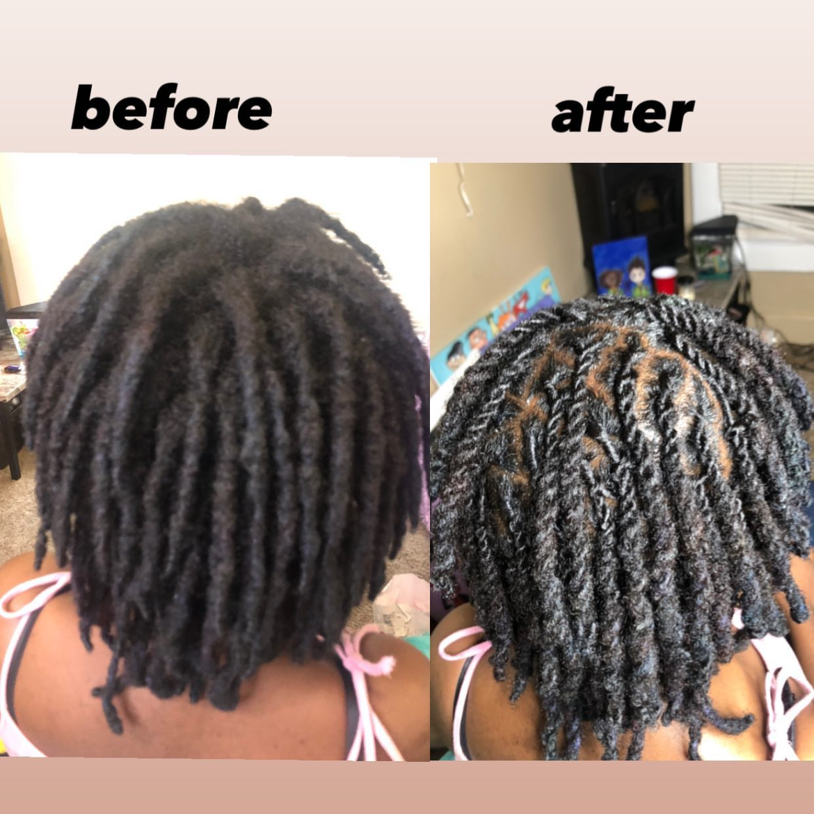 Before and after comparison of a person's hair with extensions.
